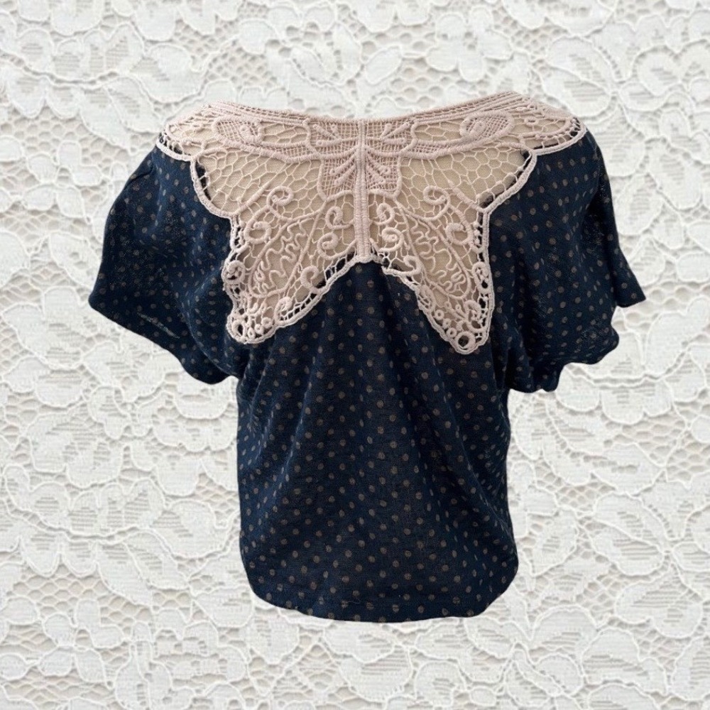 vintage papaya polka dot short sleeve top with butterfly crochet back
